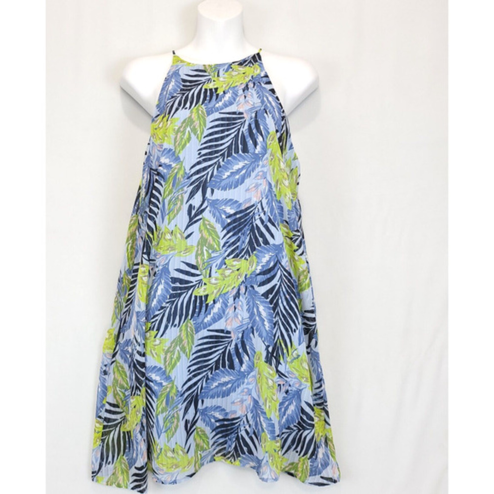 Tyche Tropical Halter Mini Dress Women‎ M Blue Palm Leaf Lined Resort Beachy
